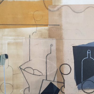 IVÁN ARAUJO, Bodegón Variación VI , 2012,Aguafuerte , aguatinta al azúcar , técnicas grasas y aguadas litográficas + collage de papel japonés y digital. Ejemplar retocado a mano por el autor con gouache lápiz litográfico y ceras.. Imagen 18,5 x 26 cm, papel 33,5 x 44 cm . Ejemplar único, p.v.p.: 340 euros
