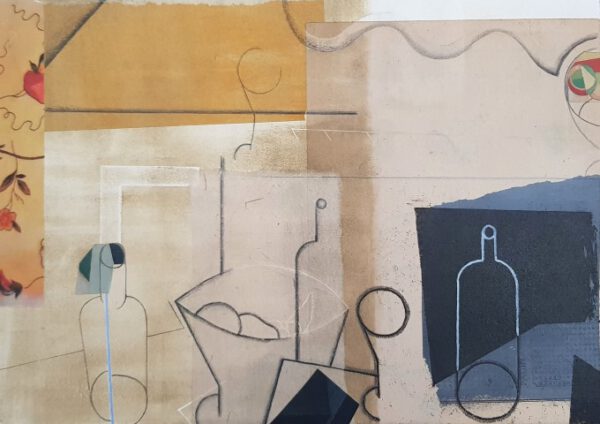 IVÁN ARAUJO, Bodegón Variación VI , 2012,Aguafuerte , aguatinta al azúcar , técnicas grasas y aguadas litográficas + collage de papel japonés y digital. Ejemplar retocado a mano por el autor con gouache lápiz litográfico y ceras.. Imagen 18,5 x 26 cm, papel 33,5 x 44 cm . Ejemplar único, p.v.p.: 340 euros