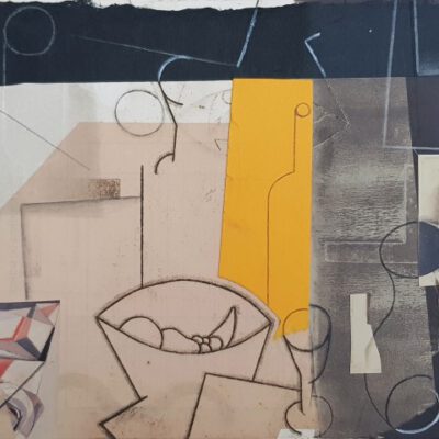IVÁN ARAUJO, Bodegón Variación XVIII , 2012,Aguafuerte , aguatinta al azúcar , técnicas grasas y aguadas litográficas + collage de papel japonés y digital. Ejemplar retocado a mano por el autor con gouache lápiz litográfico y ceras.. Imagen 18,5 x 26 cm, papel 33,5 x 44 cm . Ejemplar único, p.v.p.: 340 euros
