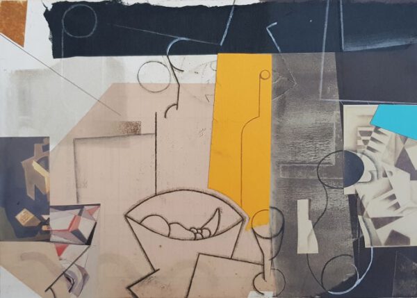 IVÁN ARAUJO, Bodegón Variación XVIII , 2012,Aguafuerte , aguatinta al azúcar , técnicas grasas y aguadas litográficas + collage de papel japonés y digital. Ejemplar retocado a mano por el autor con gouache lápiz litográfico y ceras.. Imagen 18,5 x 26 cm, papel 33,5 x 44 cm . Ejemplar único, p.v.p.: 340 euros