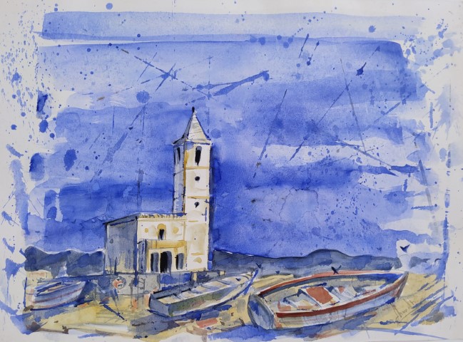 Acuarela, Watercolor, Iglesia Las Salinas, Cabo de Gata, La Almadrava